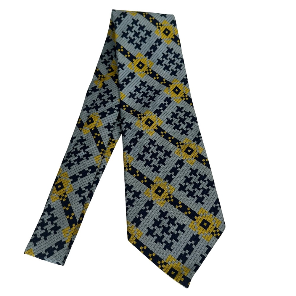 Vintage Wide Tie 4" Geometric Woven Grid Blue Yellow Retro Mid Century Mod